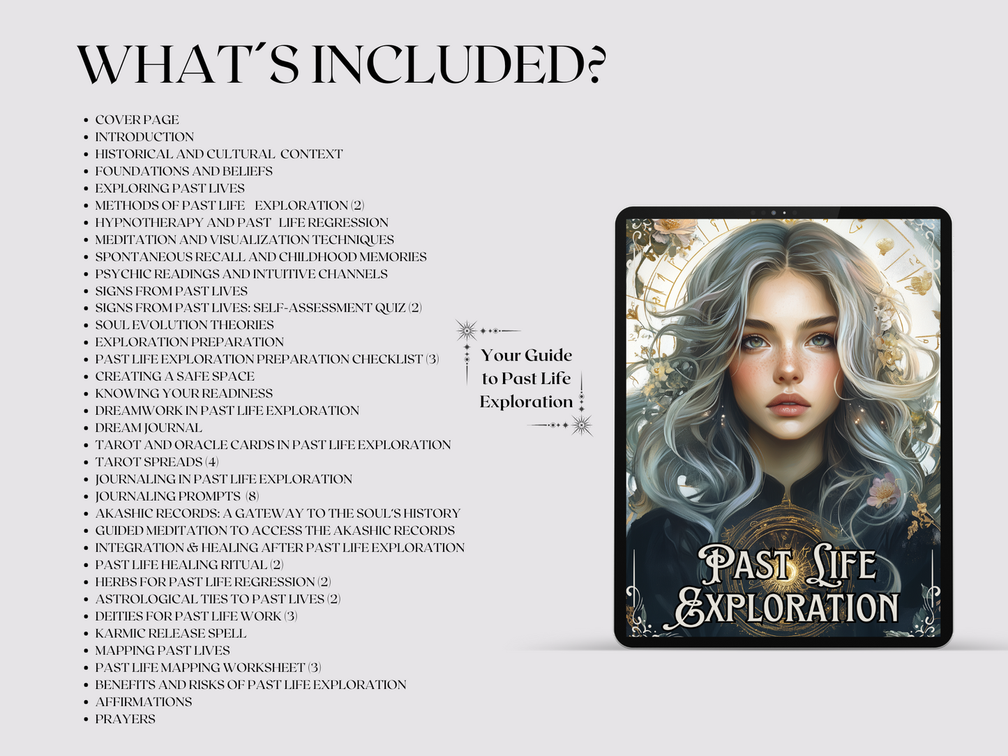 Past Life Exploration Guide, Regression, Dreamwork, Spells, Tarot Spreads, Journal Prompts, & More! - Beautiful Grimoire pages. Printable