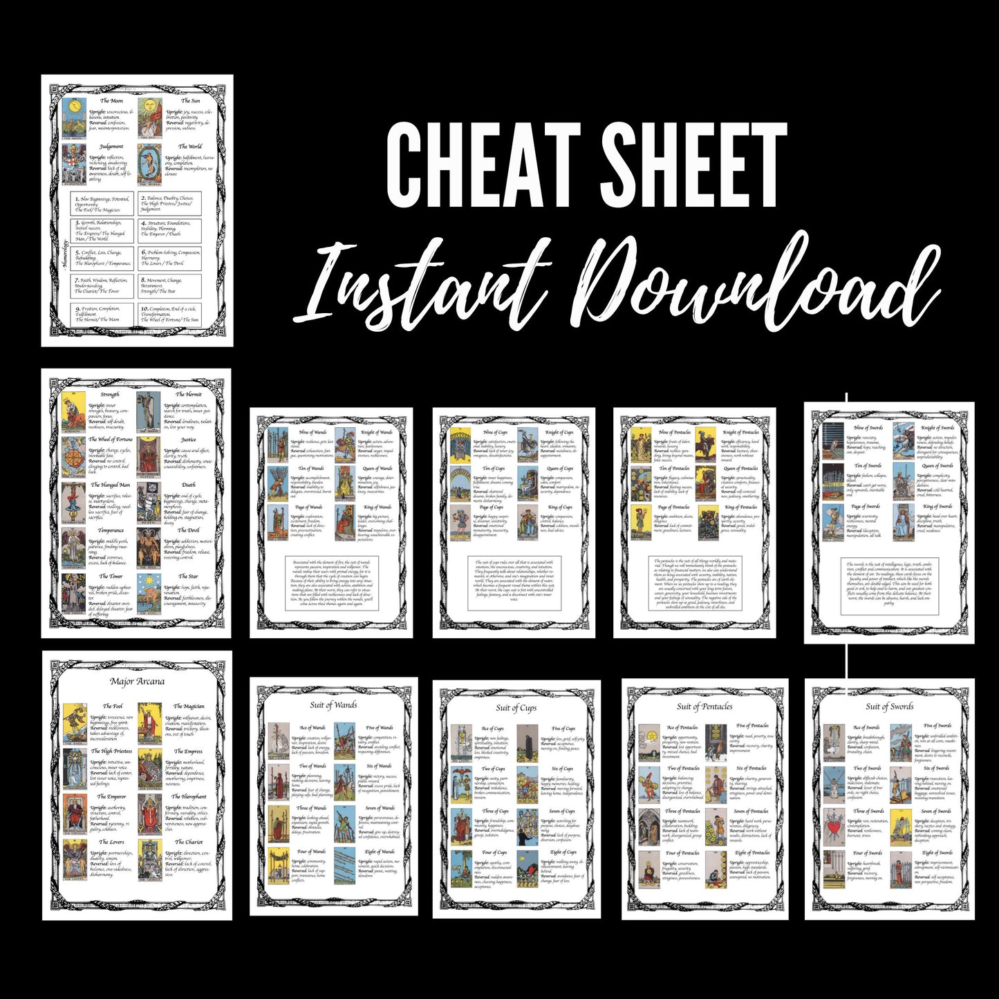 Tarot Cheat Sheet with Upright and Reversed Tarot Card Meanings to help with Tarot Spreads, Printable Tarot Journal Pages, Tarot Keywords