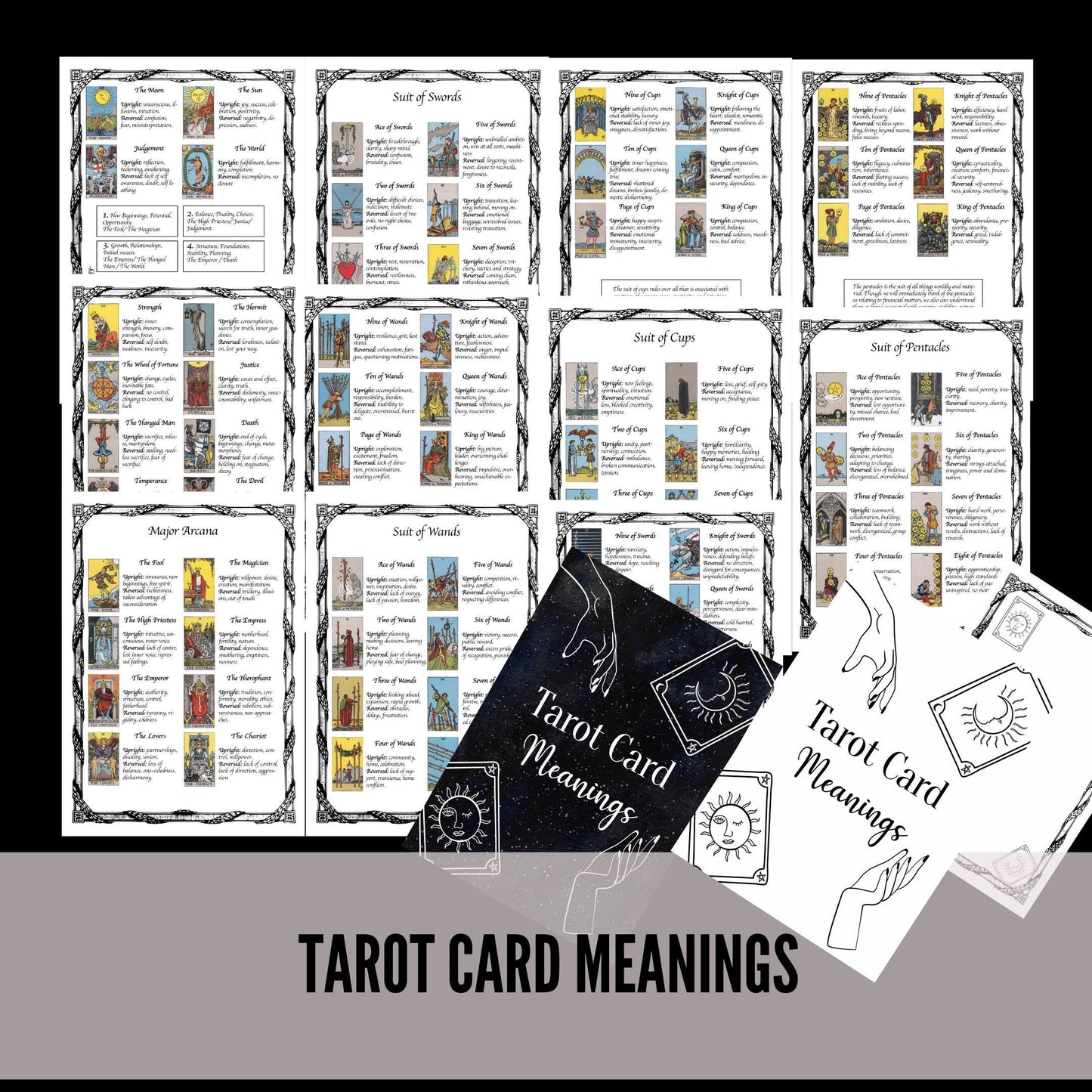 Tarot Cheat Sheet with Upright and Reversed Tarot Card Meanings to help with Tarot Spreads, Printable Tarot Journal Pages, Tarot Keywords