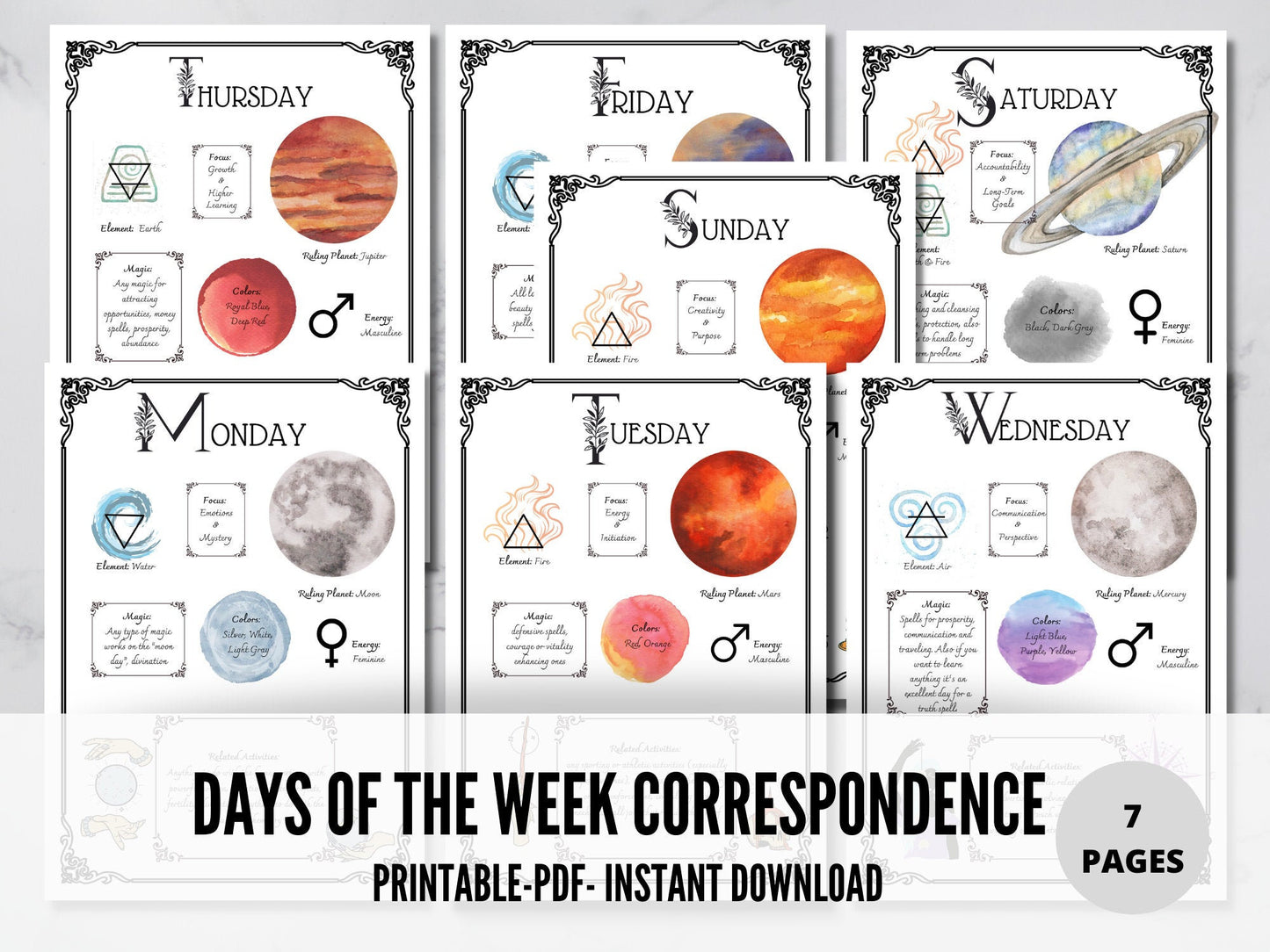 Days of the Week Correspondence | Book of Shadows | Printable BOS | Grimoire Pages | Magic Correspondences | Magic Grimoire