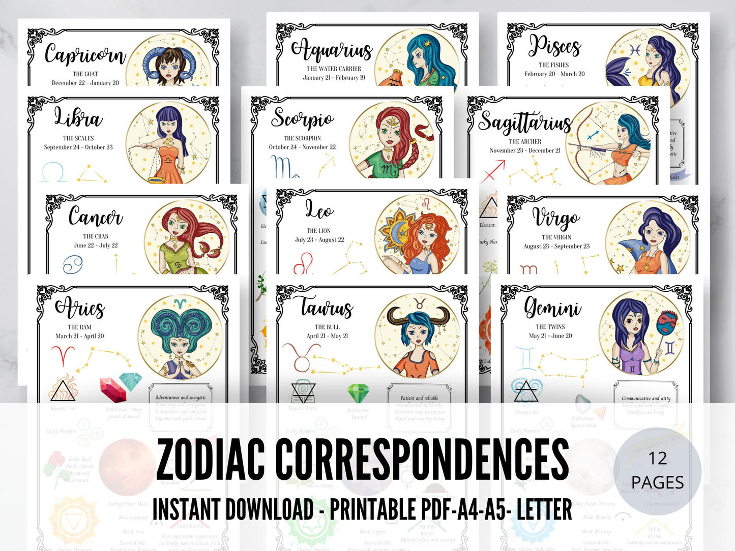 12 ZODIAC BIRTH SIGNS | 12 Printable Grimoire Pages | Zodiac Correspondences | Zodiac Personality | Zodiac Dates | Birth Sign Meanings