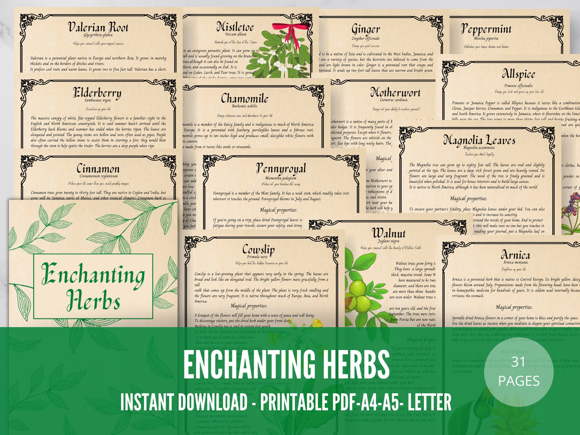 31 pages Herbal Magic Printable Grimoire Pages - Enchanting Herbs - Herbalism - Green Witch -Book of Shadows - herb journal