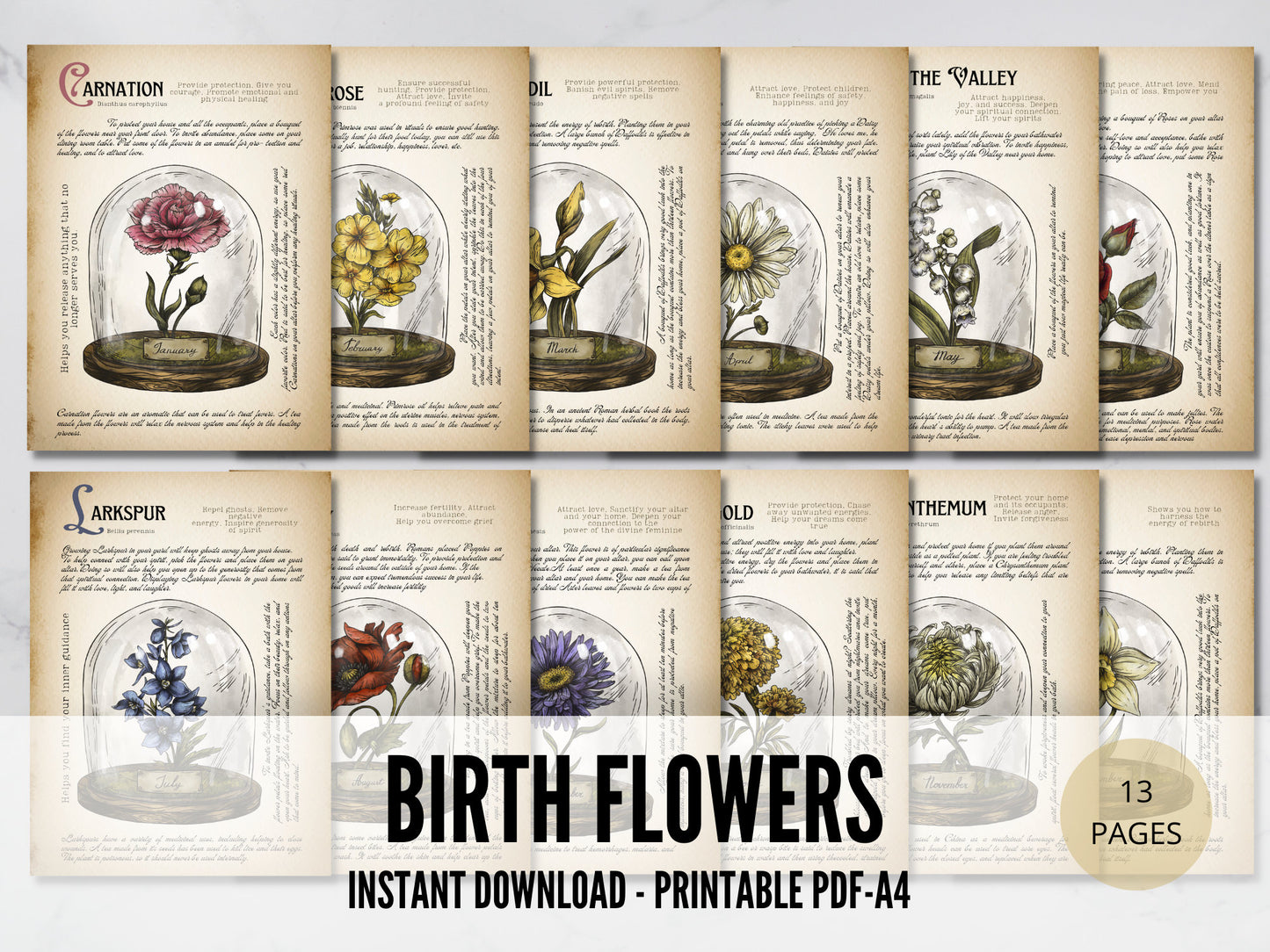 Birth Month Flowers, Grimoire pages, Instant download, printable grimoire pages