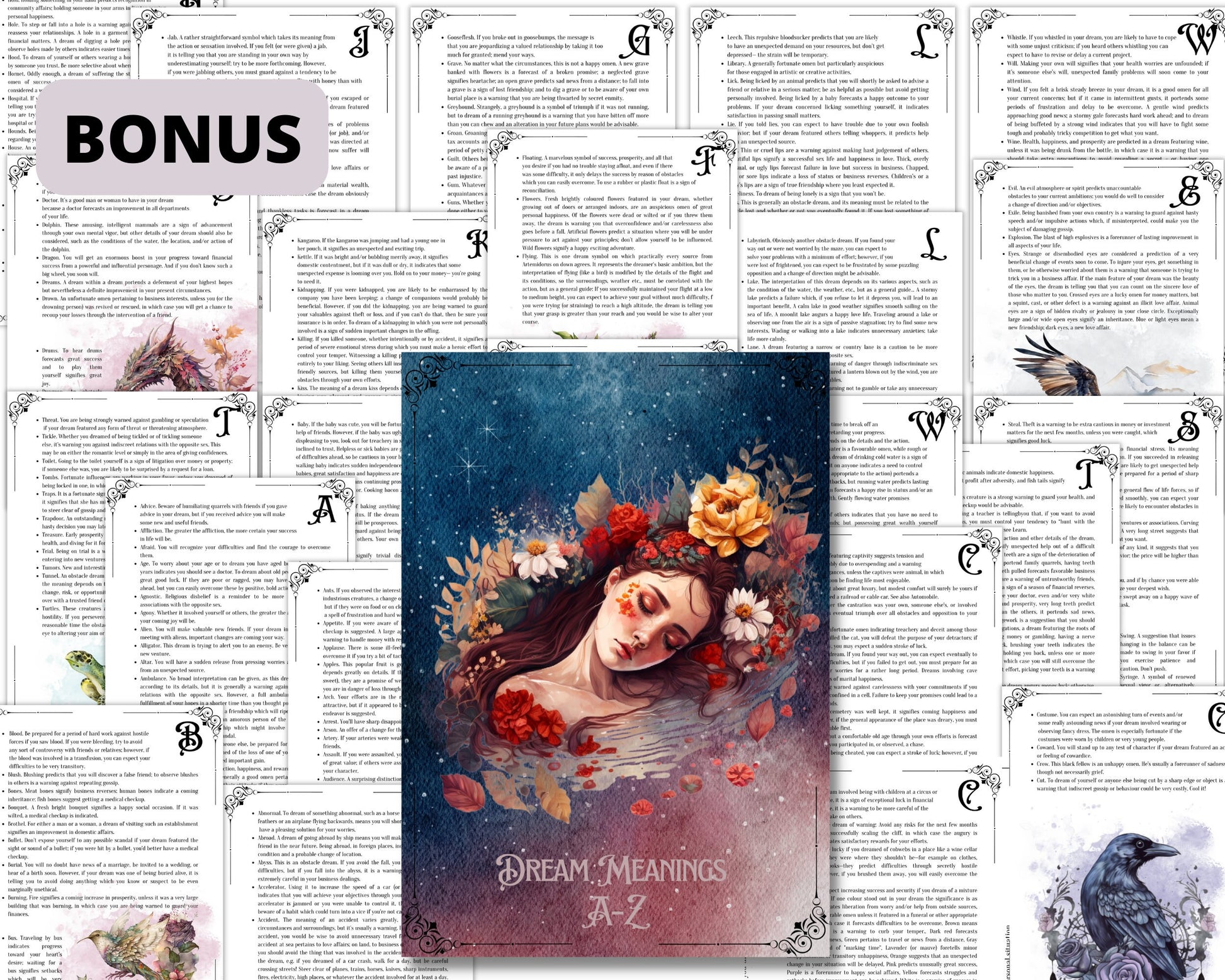 Dream Interpretation + BONUS. Beautiful pages for your Book Of Shadows. Instant Download.