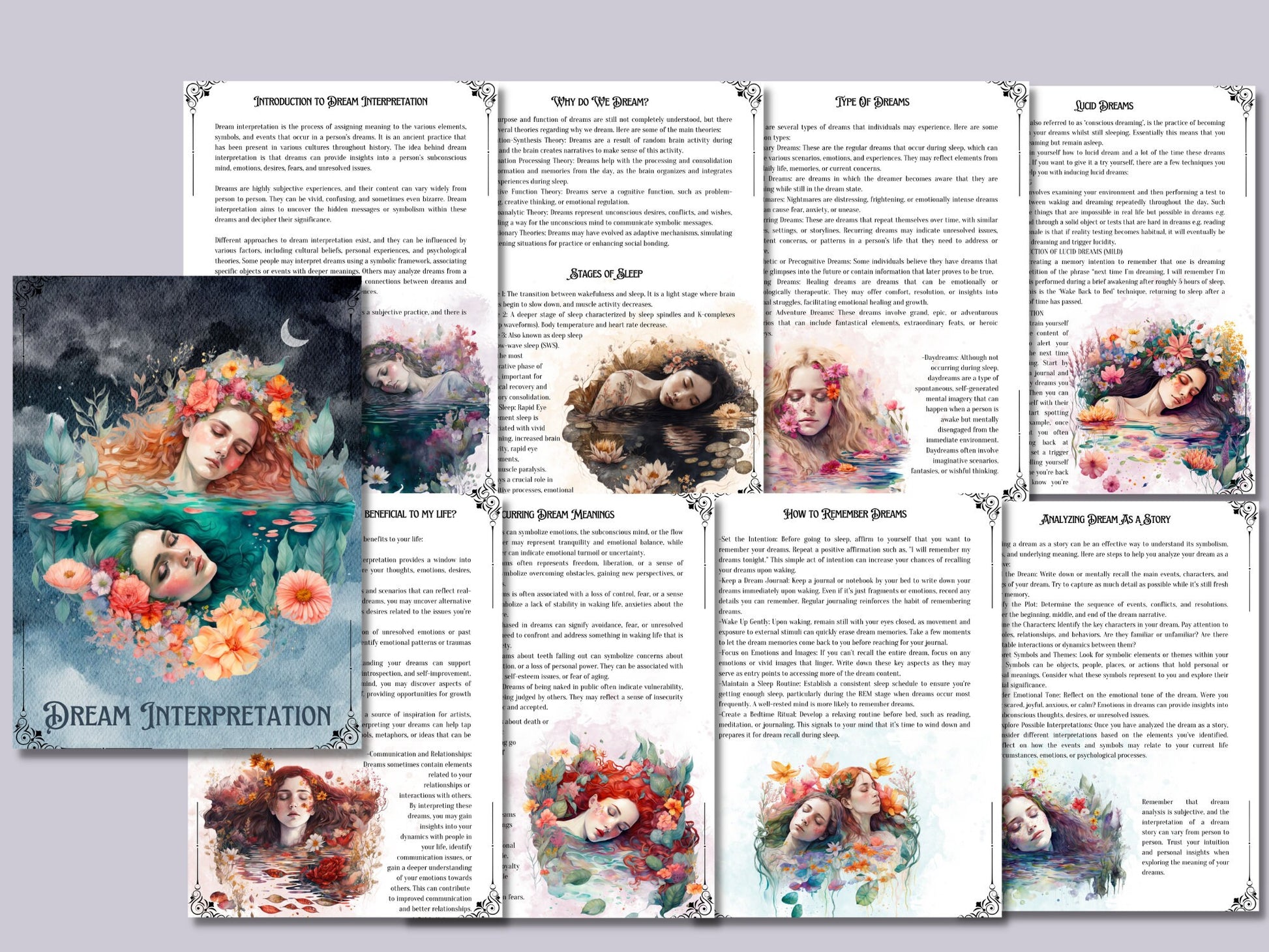 Dream Interpretation + BONUS. Beautiful pages for your Book Of Shadows. Instant Download.