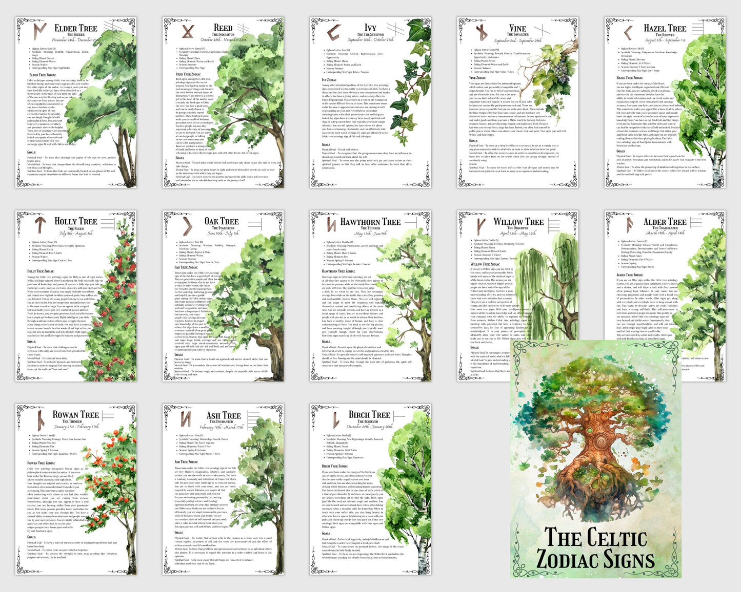 The Celtic Zodiac Tree signs. Celtic Tree Astrology. Beautiful pages for your Book Of Shadows. Instant download