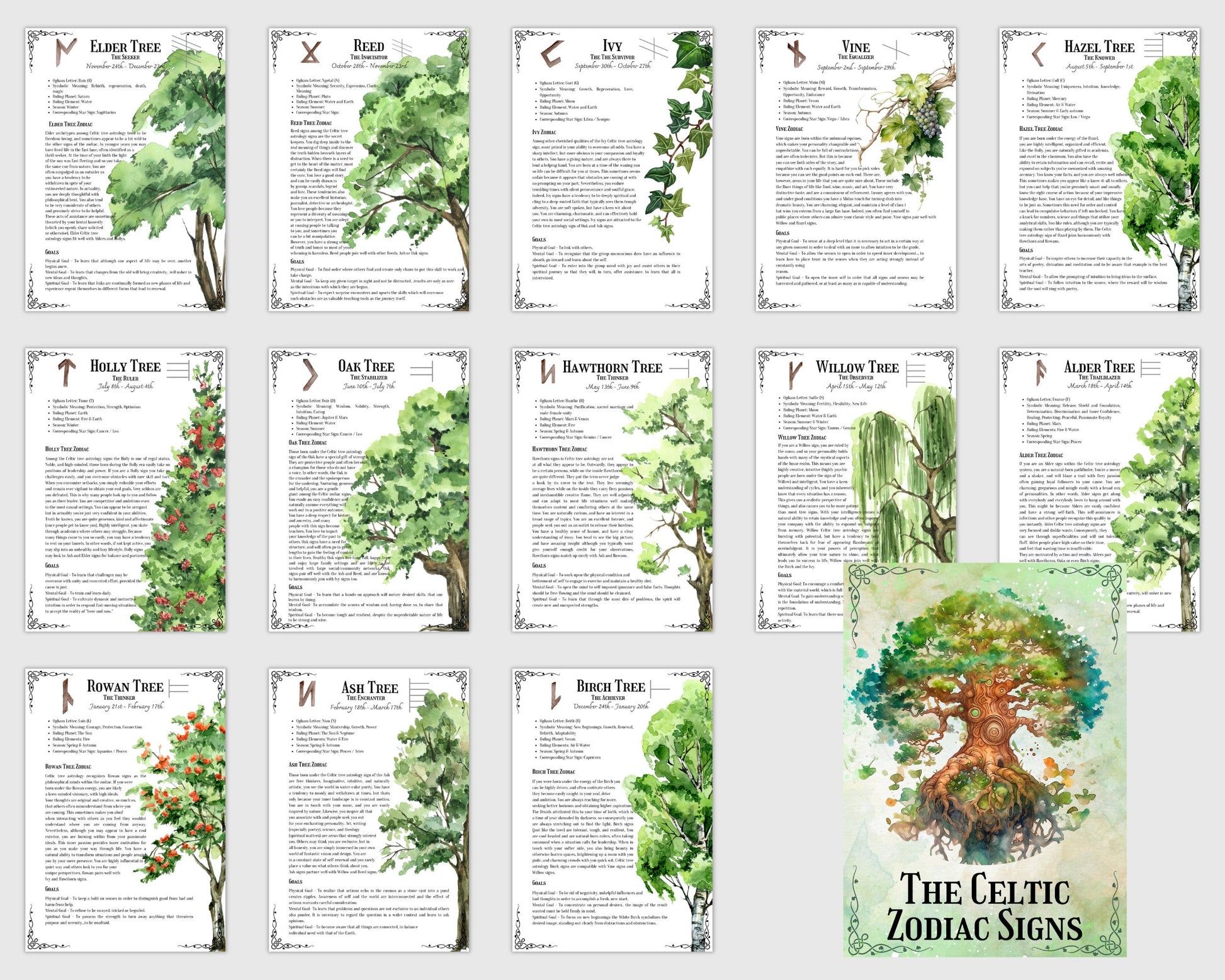 The Celtic Zodiac Tree signs. Celtic Tree Astrology. Beautiful pages for your Book Of Shadows. Instant download