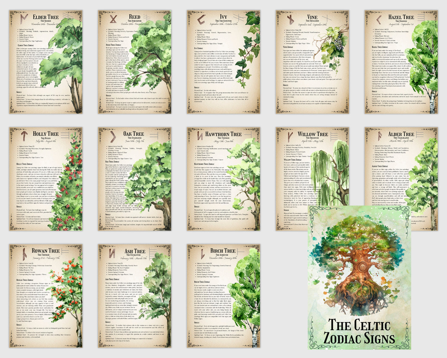 The Celtic Zodiac Tree signs. Celtic Tree Astrology. Beautiful pages for your Book Of Shadows. Instant download