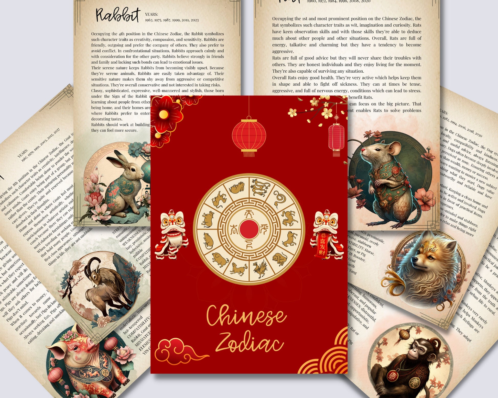 Chinese Zodiac. Beautiful pages for your Book Of Shadows. Instant Download.