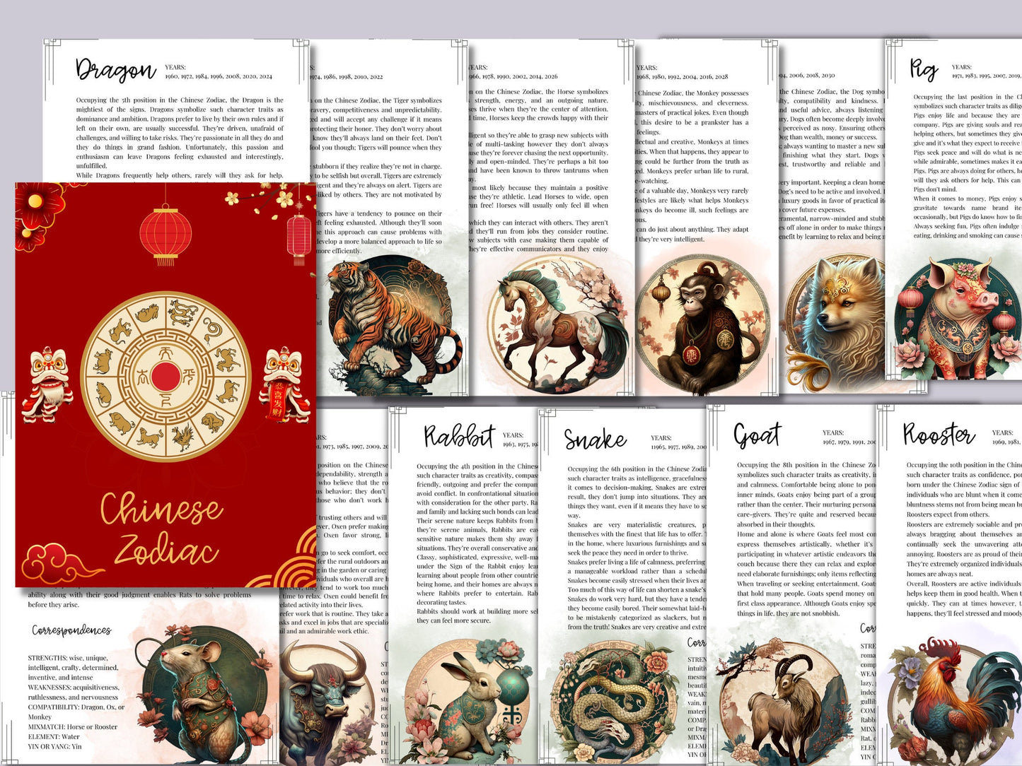 Chinese Zodiac. Beautiful pages for your Book Of Shadows. Instant Download.