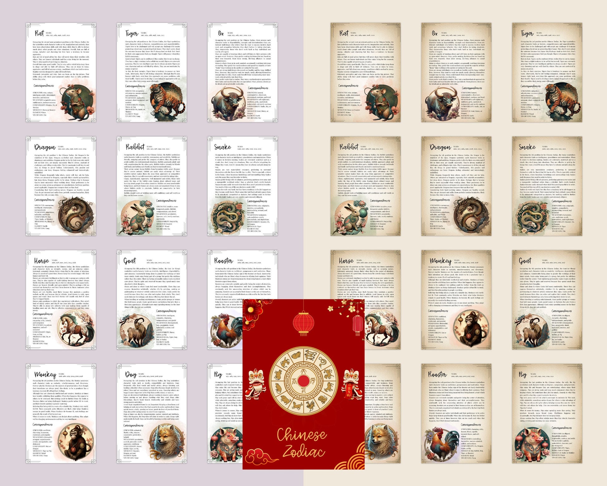 Chinese Zodiac. Beautiful pages for your Book Of Shadows. Instant Download.