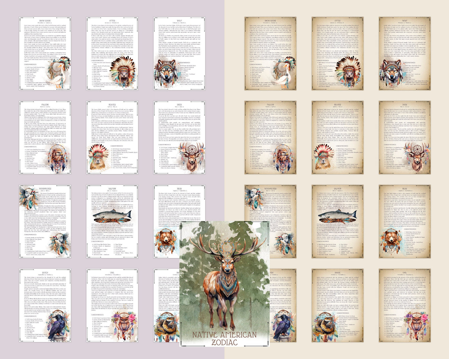 Native American Zodiac. Animals. Beautiful pages for your Book Of Shadows. Instant download.