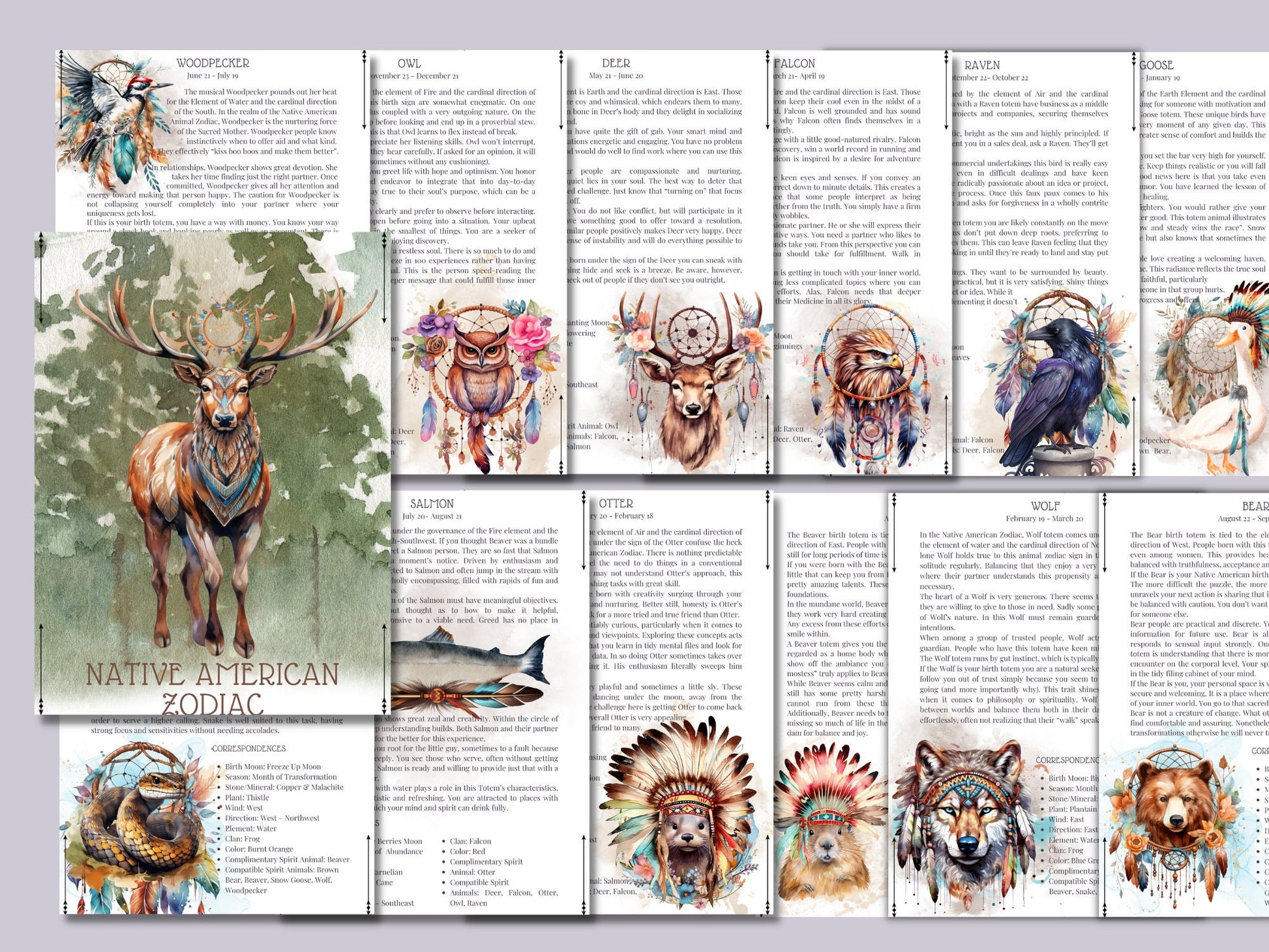 Native American Zodiac. Animals. Beautiful pages for your Book Of Shadows. Instant download.