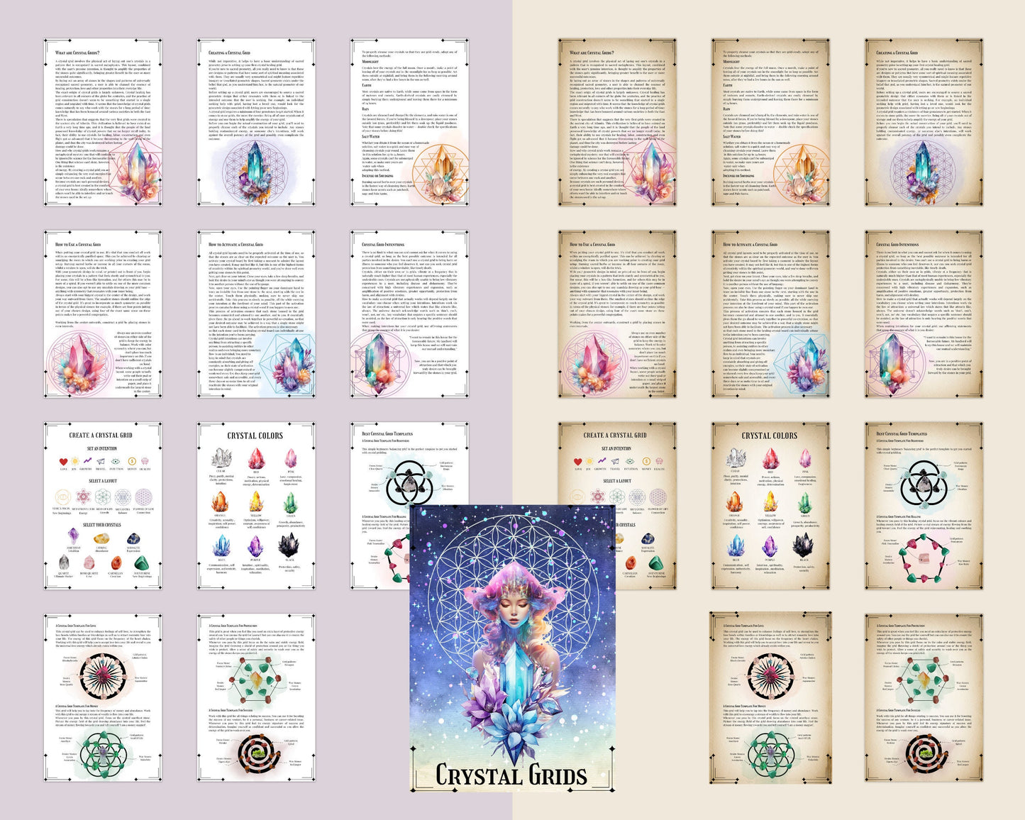 Crystal Grids Guide Printable + BONUS. Beautiful Grimoire Pages for Beginners. Instant download.