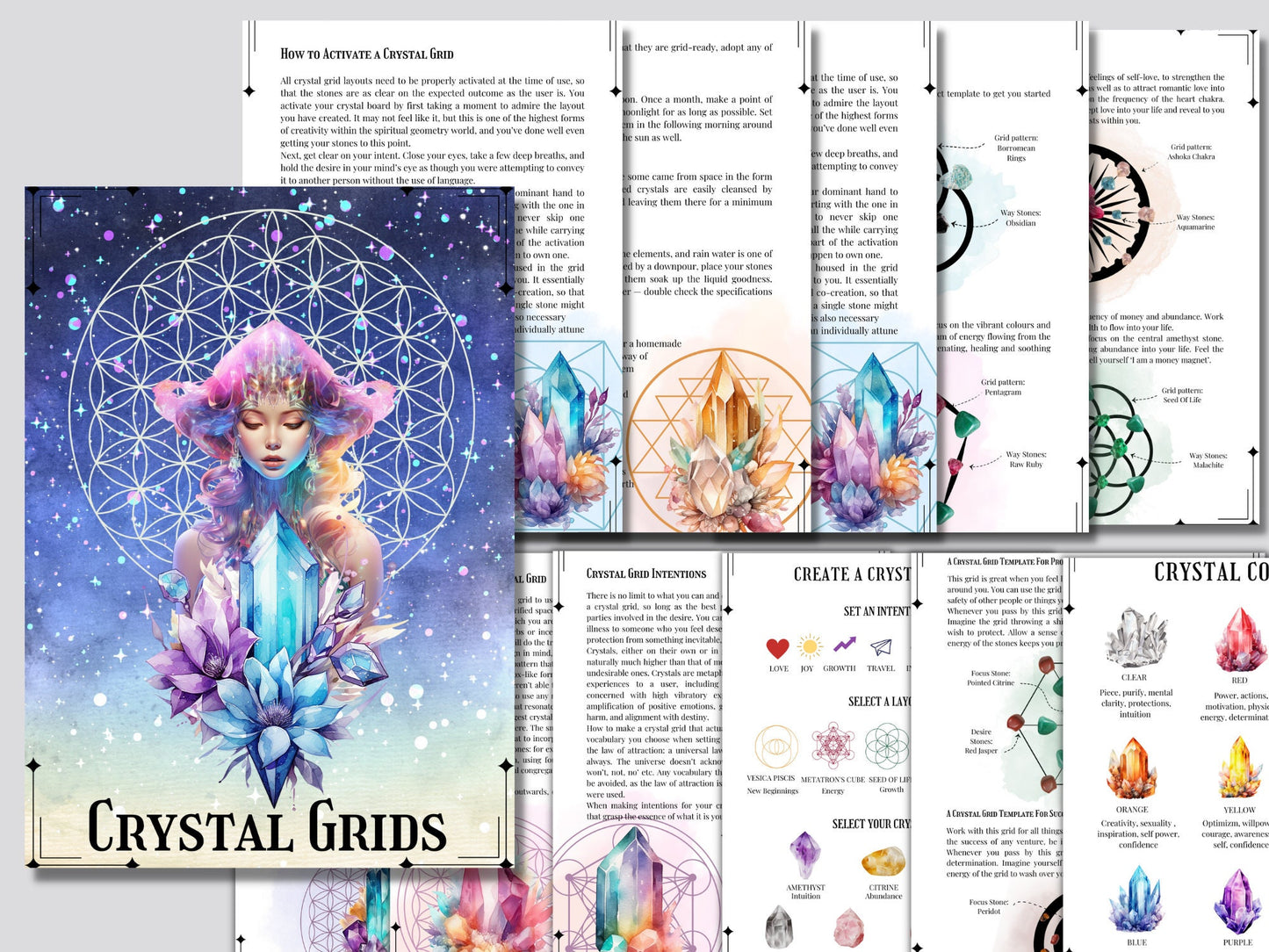 Crystal Grids Guide Printable + BONUS. Beautiful Grimoire Pages for Beginners. Instant download.