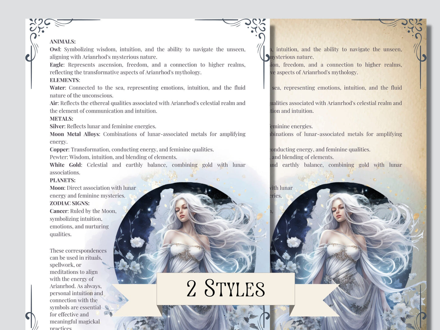 Arianrhod. Lunar goddess. Beautiful pages for your Book of shadows. Printable.