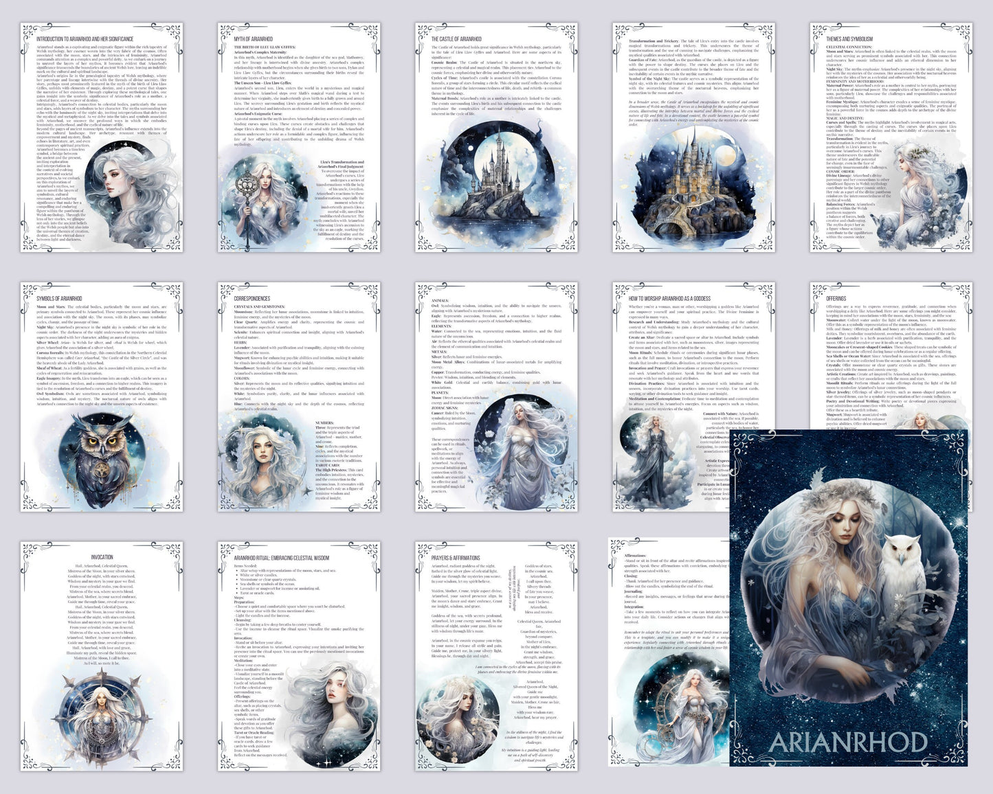 Arianrhod. Lunar goddess. Beautiful pages for your Book of shadows. Printable.