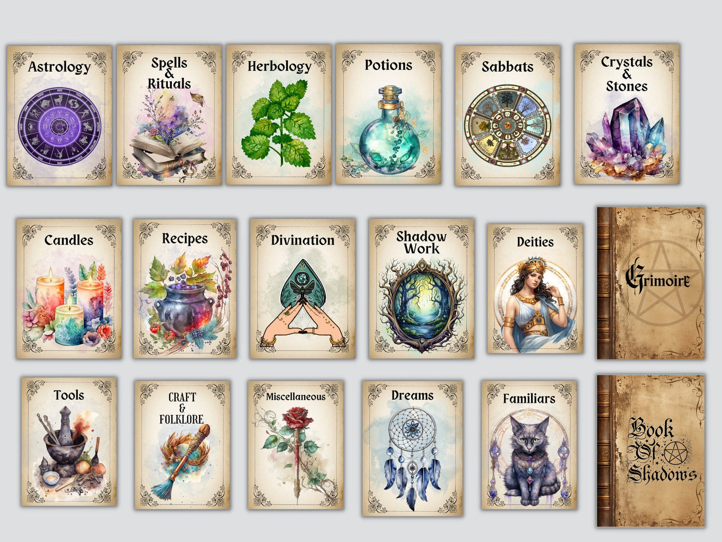 Grimoire Divider Pages - Book of Shadows Cover Title Printable Pages - Witchy Inserts - Witchcraft BOS Pages. Printable