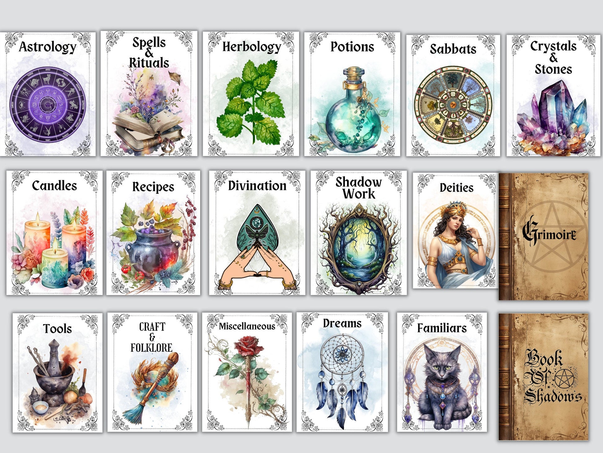 Grimoire Divider Pages - Book of Shadows Cover Title Printable Pages - Witchy Inserts - Witchcraft BOS Pages. Printable