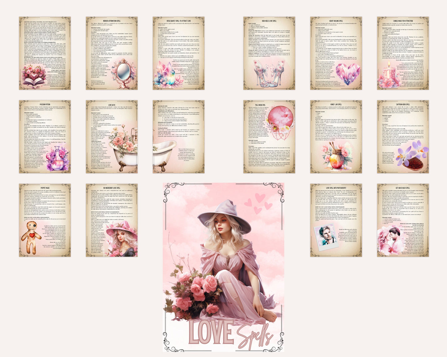 Love Spells. Beautiful pages for your Grimoire or Book Of Shadows. Printable.