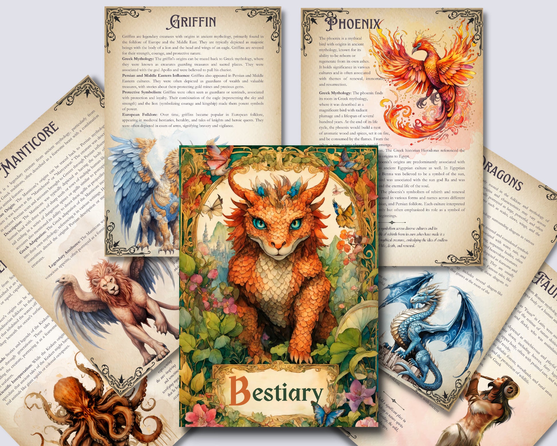 BESTIARY. Mythical Creatures - Beautiful pages for your Grimoire or Book Of Shadows. Printable. 84 pages