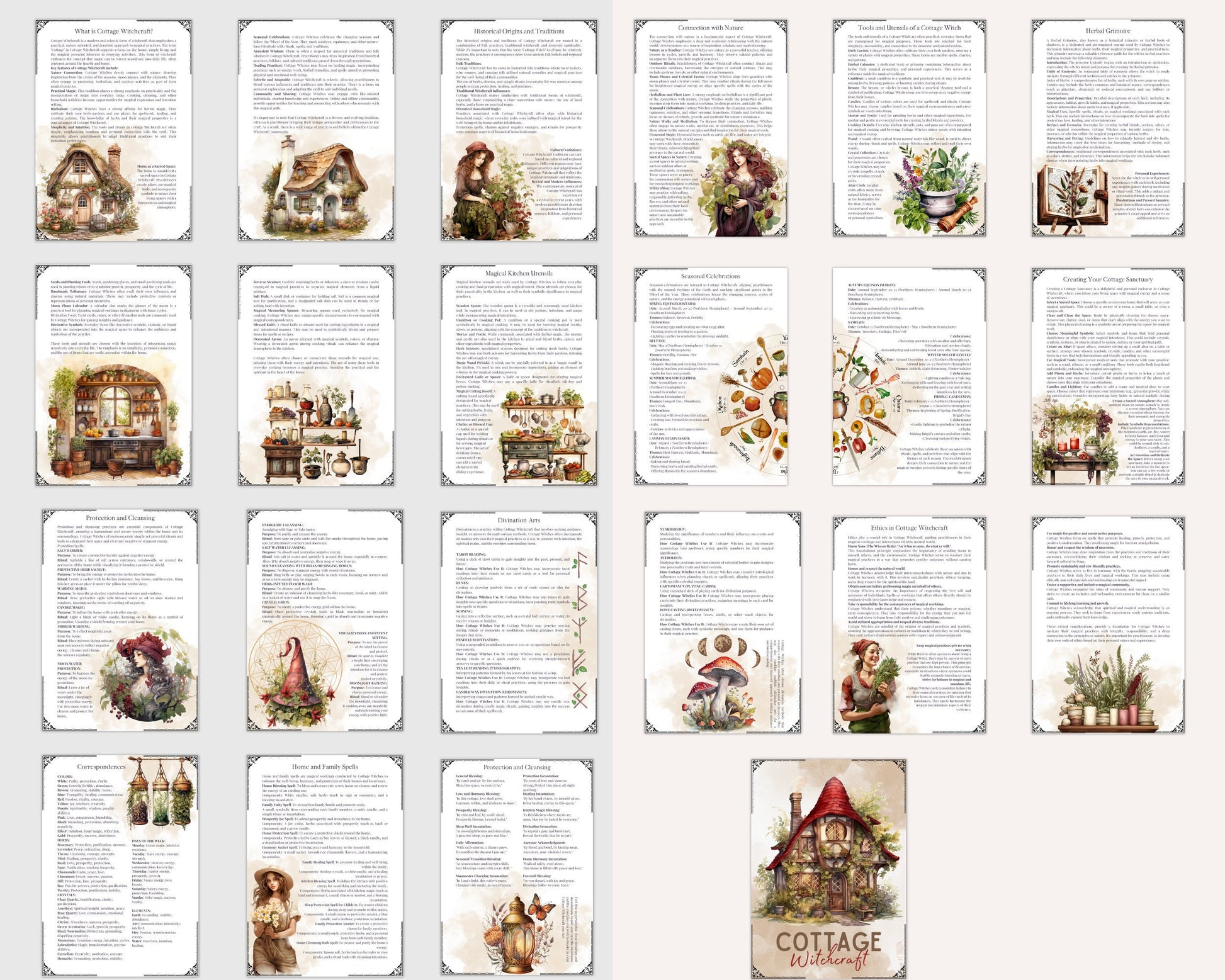 Enchant Your Path: Cottage Witchcraft. Basics. Beautiful printable Grimoire pages. 22 pages