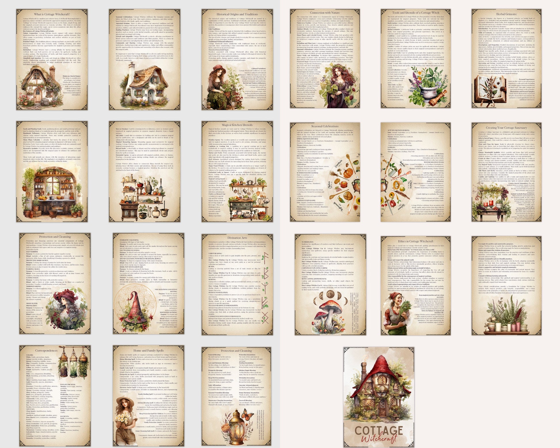 Enchant Your Path: Cottage Witchcraft. Basics. Beautiful printable Grimoire pages. 22 pages
