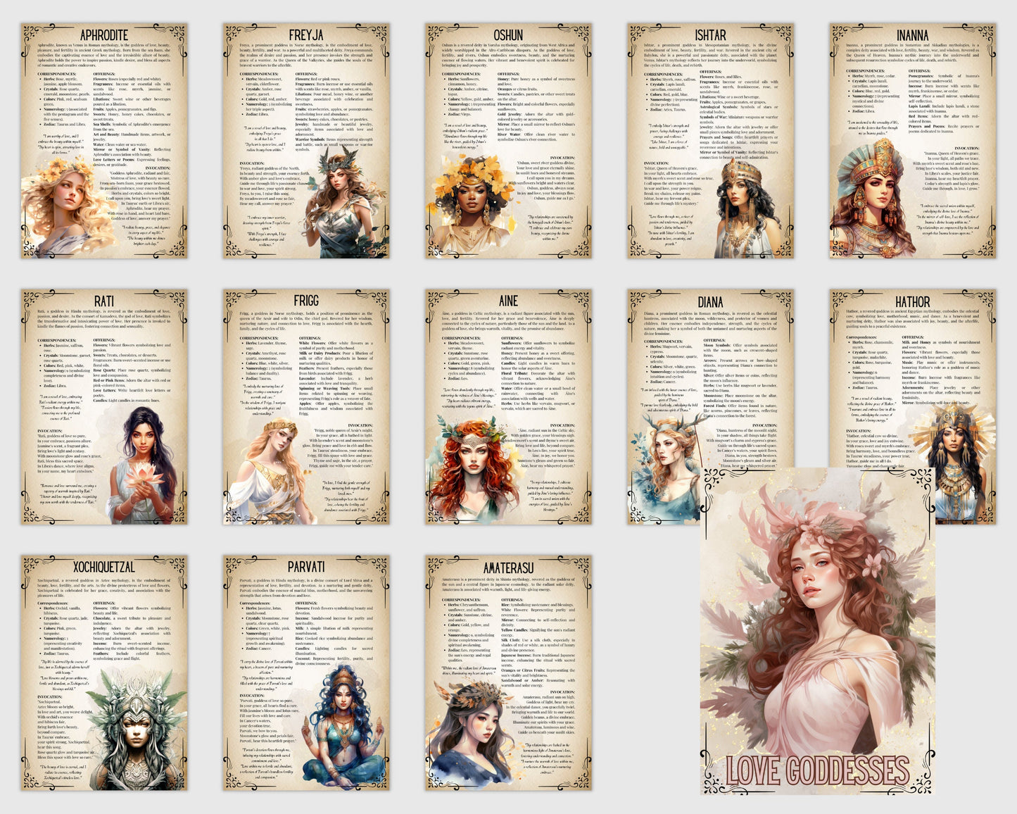 Love Goddesses. Beautiful pages for your Grimoire or Book Of Shadows. 14 pages. Printable