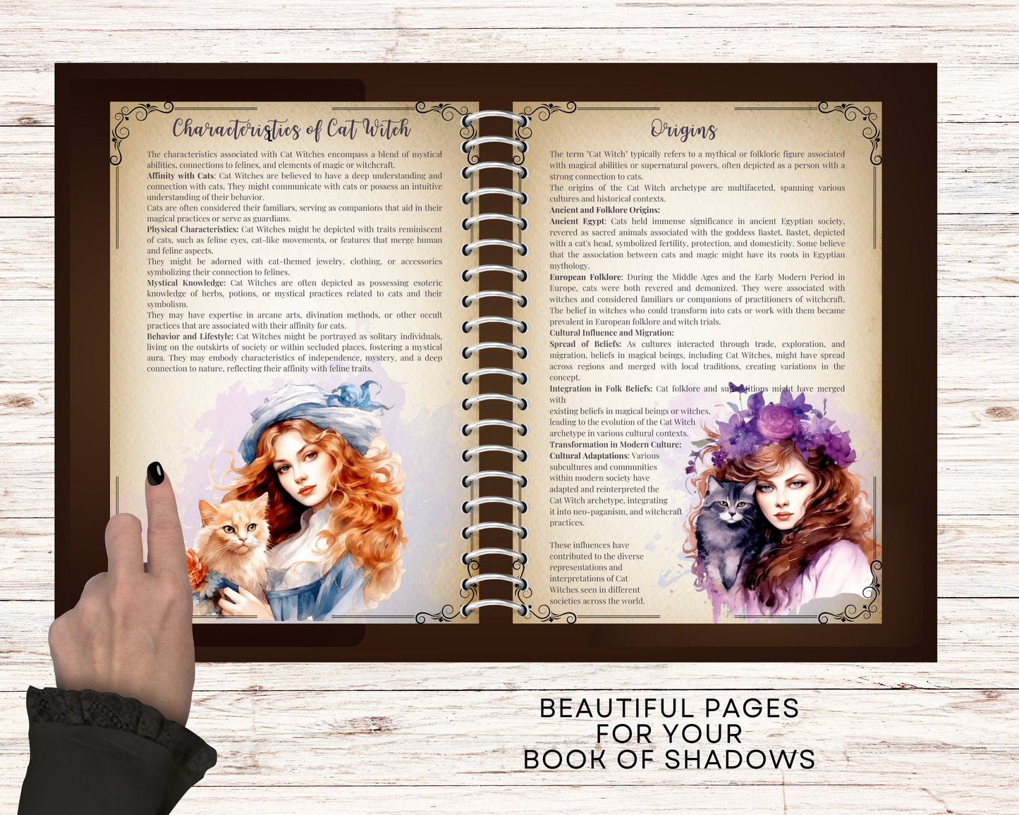 Cat Witch. Beautiful pages for your Grimoire. Printable.
