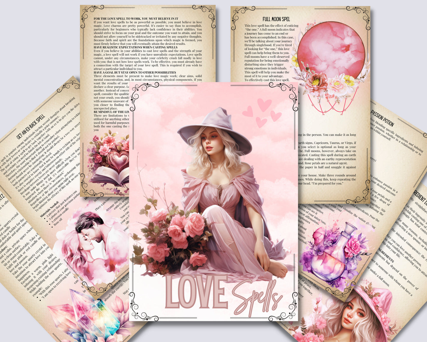 Love Spells. Beautiful pages for your Grimoire or Book Of Shadows. Printable.