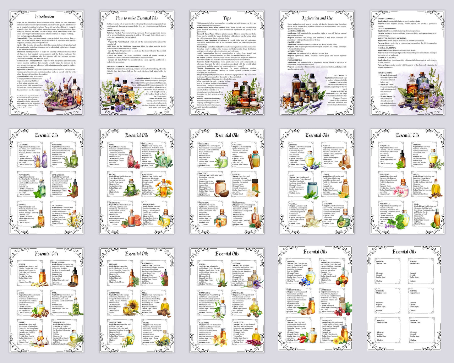 54 Essential Oil Grimoire Cheat Sheets, 16 pages Essential Oil Magical Properties & Correspondences, Kitchen Witch PDF, Grimoire, Printable