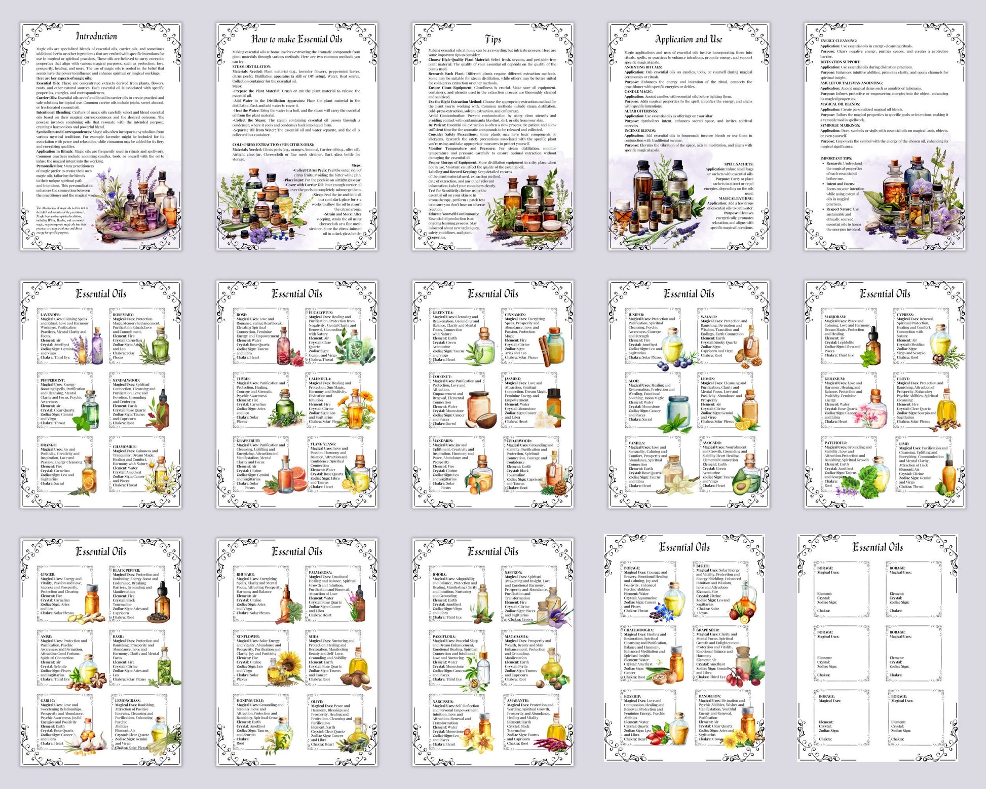 54 Essential Oil Grimoire Cheat Sheets, 16 pages Essential Oil Magical Properties & Correspondences, Kitchen Witch PDF, Grimoire, Printable
