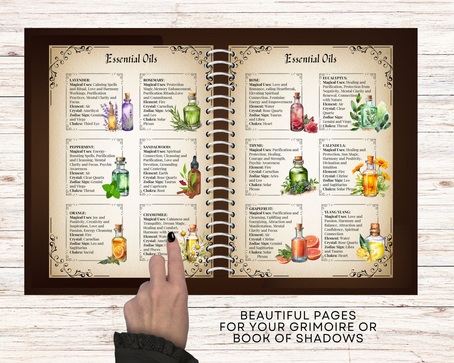 54 Essential Oil Grimoire Cheat Sheets, 16 pages Essential Oil Magical Properties & Correspondences, Kitchen Witch PDF, Grimoire, Printable