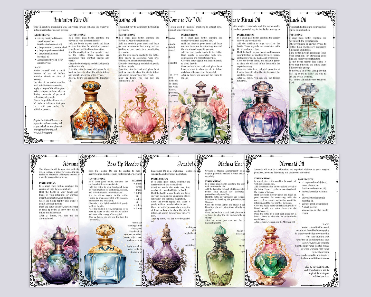 50 Magical Oils, Witchcraft Grimoire Pages, Oil ritual, Grimoire printable pages