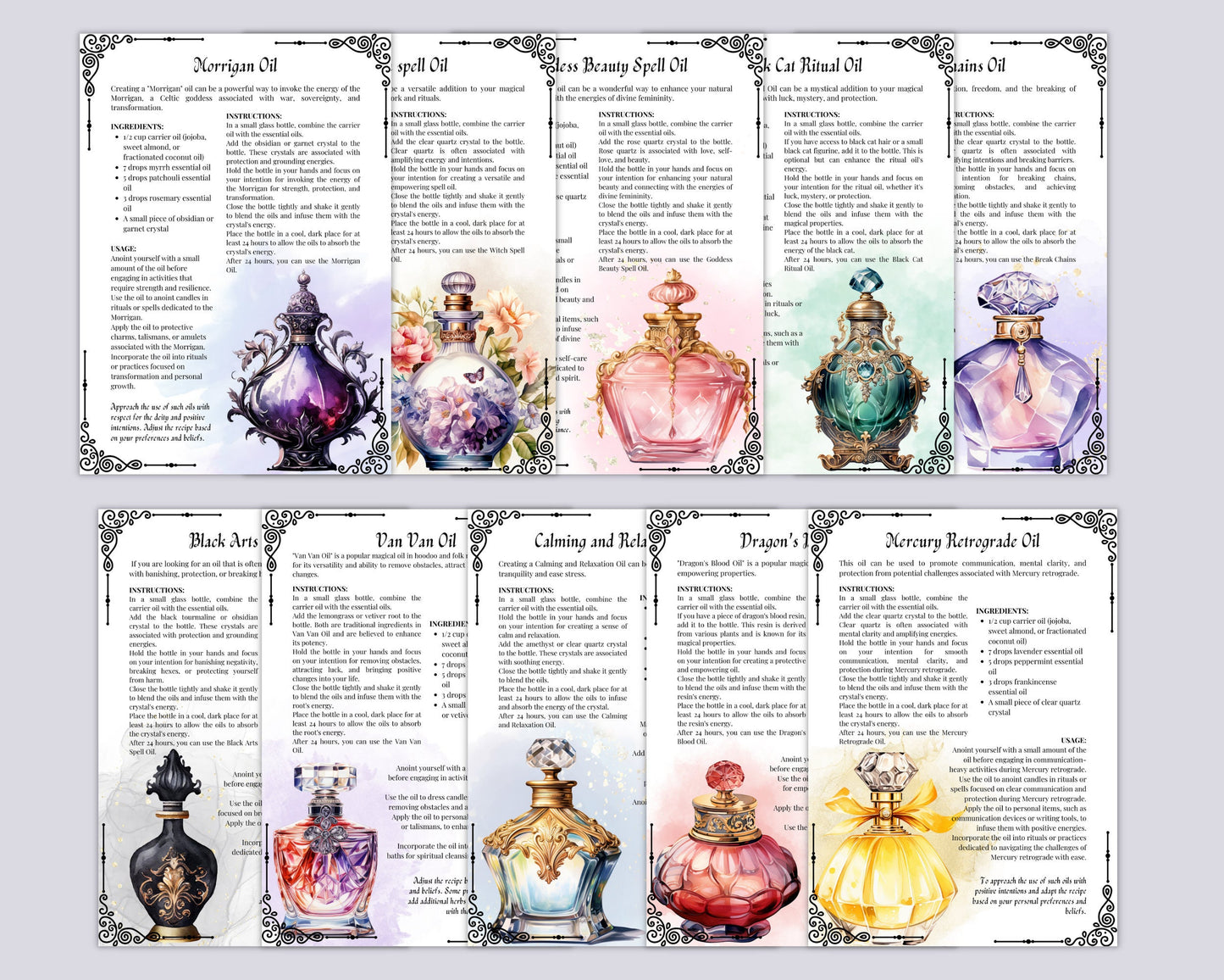 50 Magical Oils, Witchcraft Grimoire Pages, Oil ritual, Grimoire printable pages