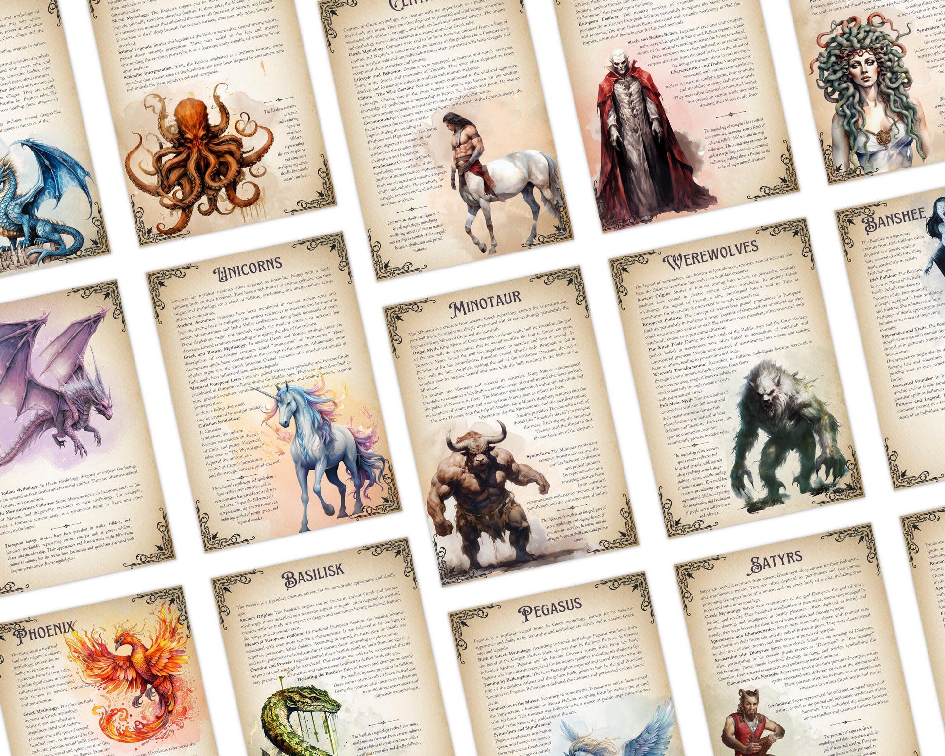 BESTIARY. Mythical Creatures - Beautiful pages for your Grimoire or Book Of Shadows. Printable. 84 pages