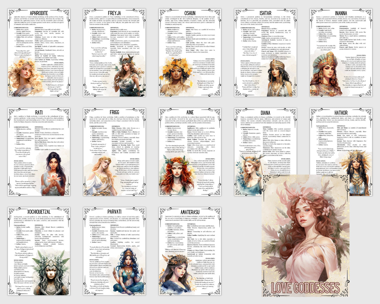 Love Goddesses. Beautiful pages for your Grimoire or Book Of Shadows. 14 pages. Printable