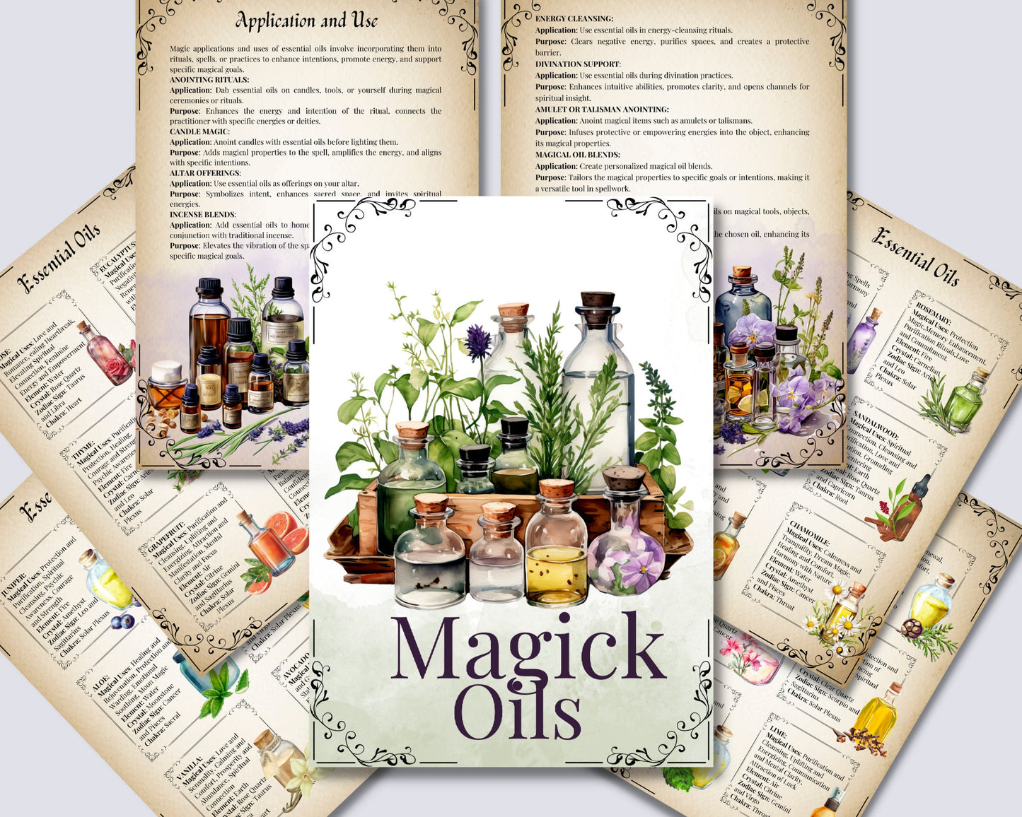 54 Essential Oil Grimoire Cheat Sheets, 16 pages Essential Oil Magical Properties & Correspondences, Kitchen Witch PDF, Grimoire, Printable