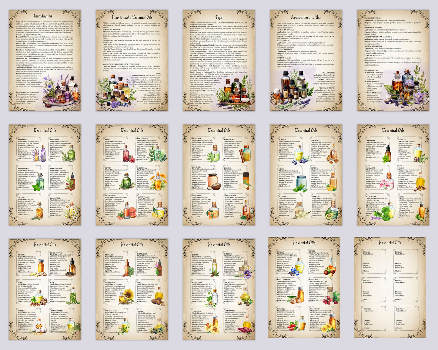 54 Essential Oil Grimoire Cheat Sheets, 16 pages Essential Oil Magical Properties & Correspondences, Kitchen Witch PDF, Grimoire, Printable