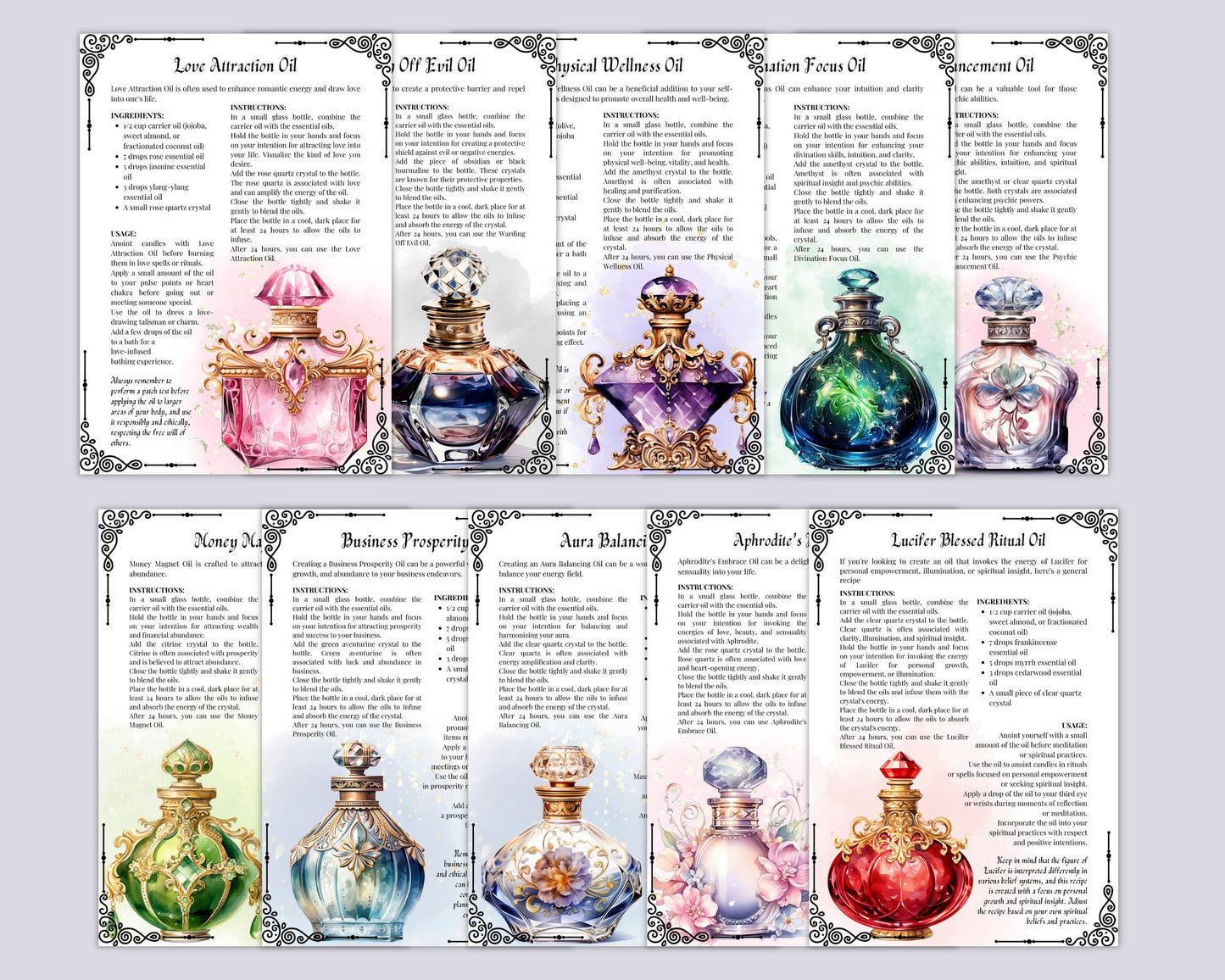 50 Magical Oils, Witchcraft Grimoire Pages, Oil ritual, Grimoire printable pages