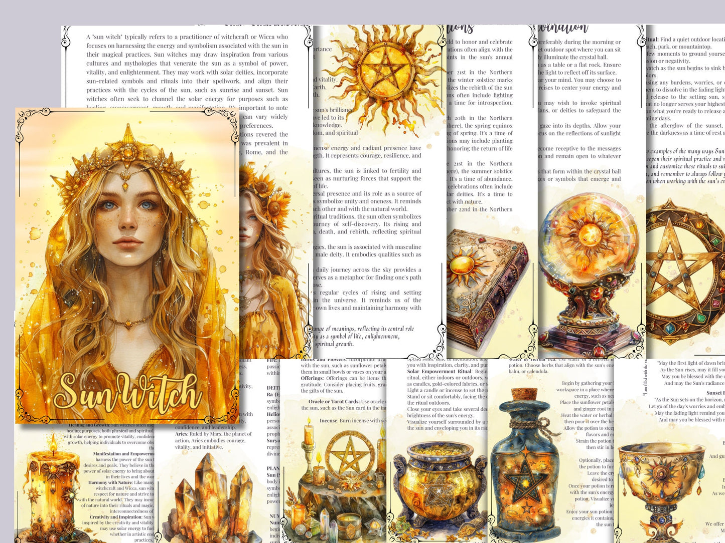 Sun Witch. Solar witch. Beautiful pages for your Grimoire or Book Of Shadows. Printable