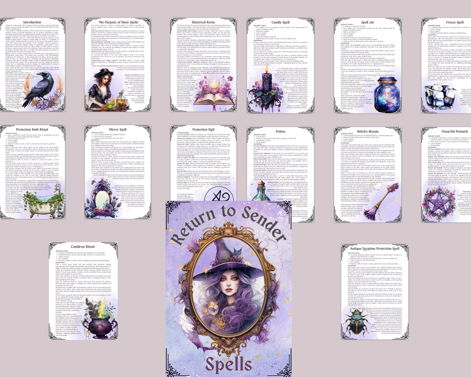 Return to Sender Spells Set. Beautiful Grimoire or Book Of Shadow Pages. Printable.