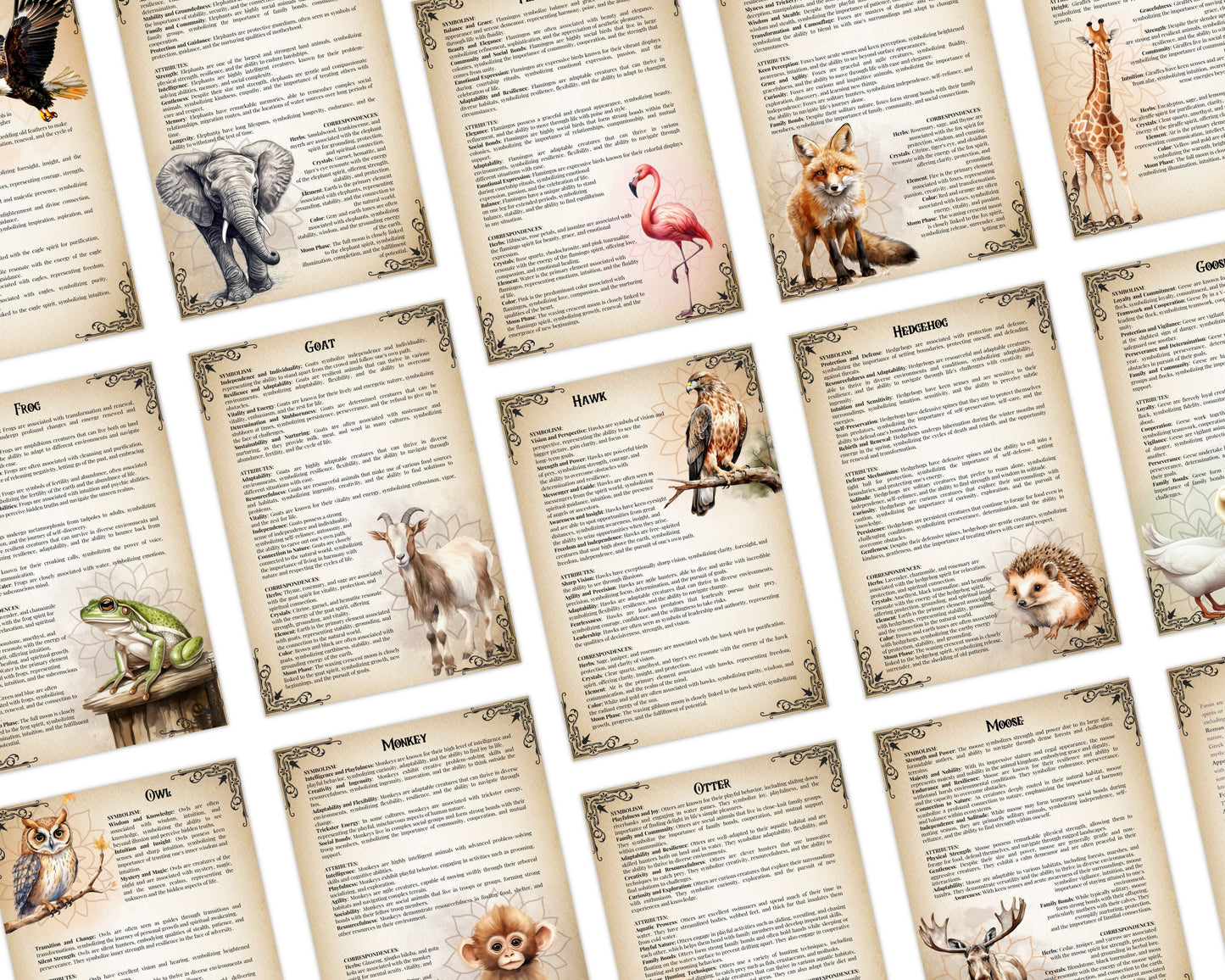 The Ultimate Guide To Spirit Animals. 72 pages. 62 animals. Beautiful grimoire pages. Printable.