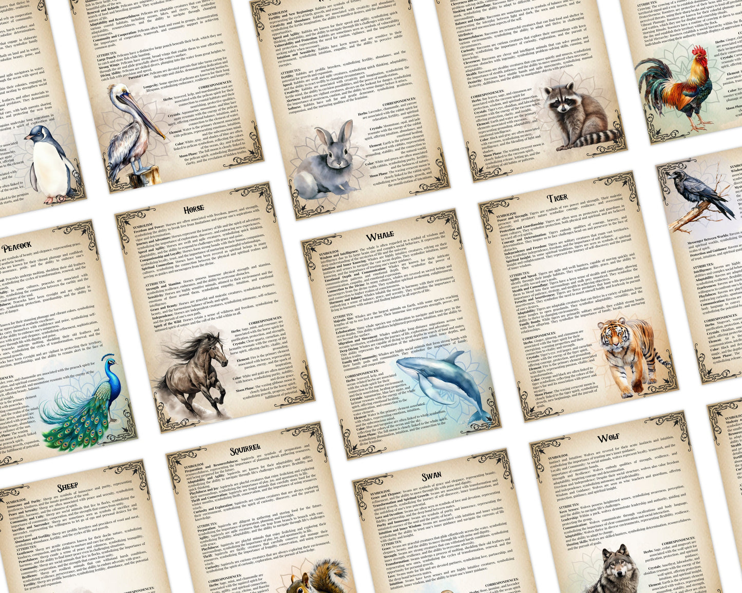 The Ultimate Guide To Spirit Animals. 72 pages. 62 animals. Beautiful grimoire pages. Printable.