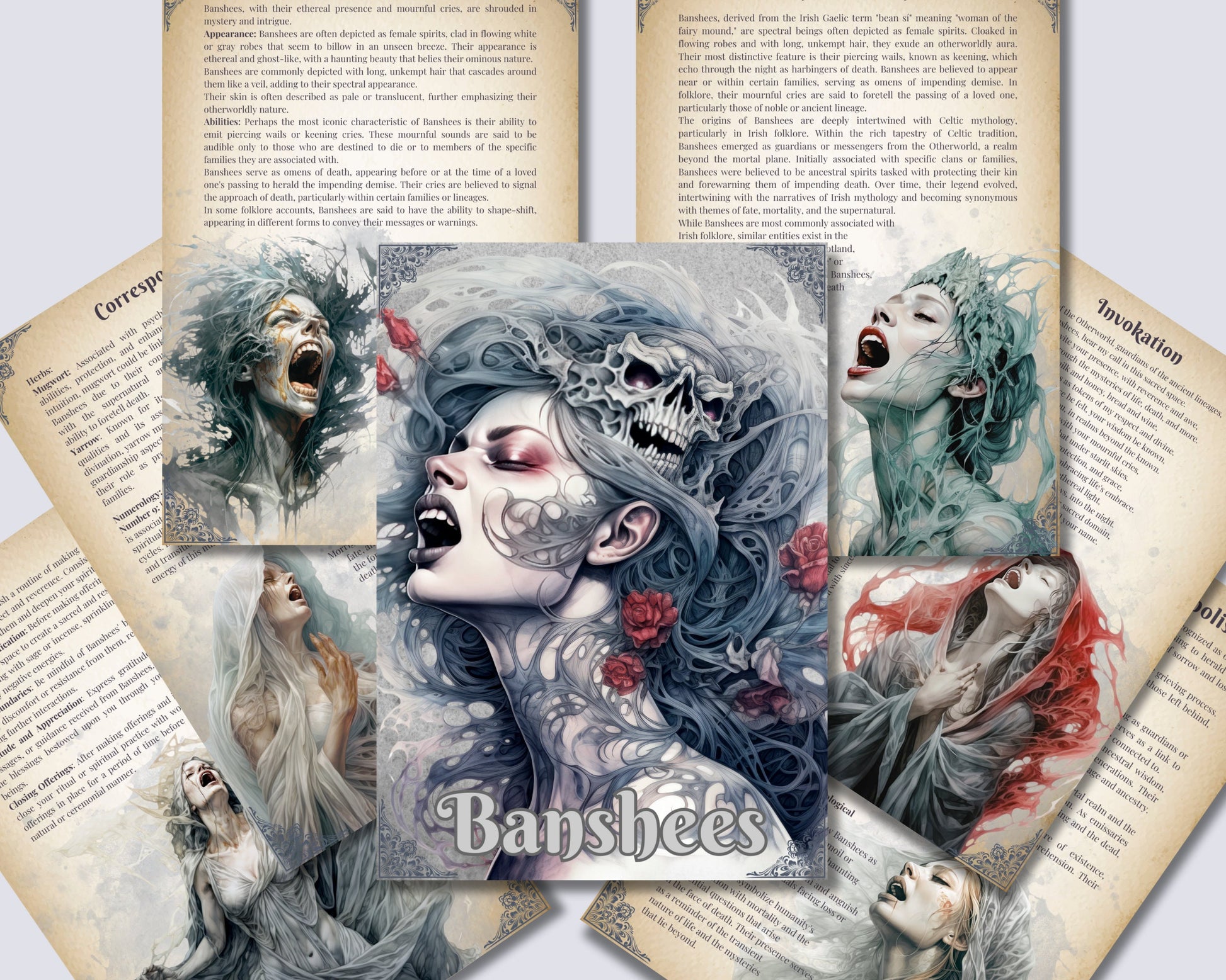 Banshee. “Woman of the fairies”. Beautiful pages for your Grimoire or Book of Shadows. Printable