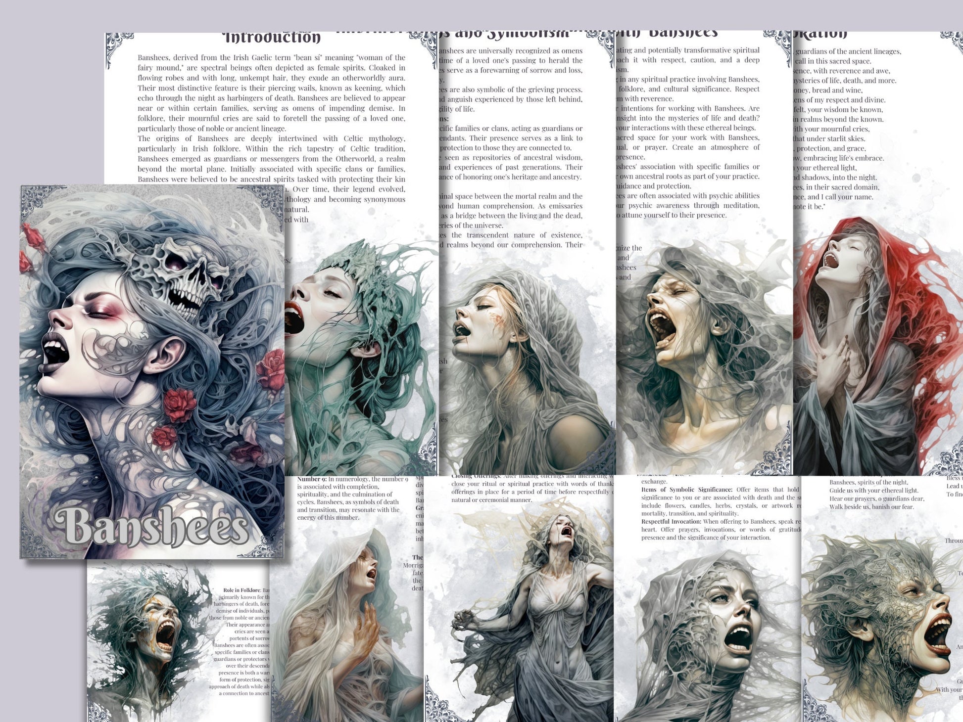Banshee. “Woman of the fairies”. Beautiful pages for your Grimoire or Book of Shadows. Printable