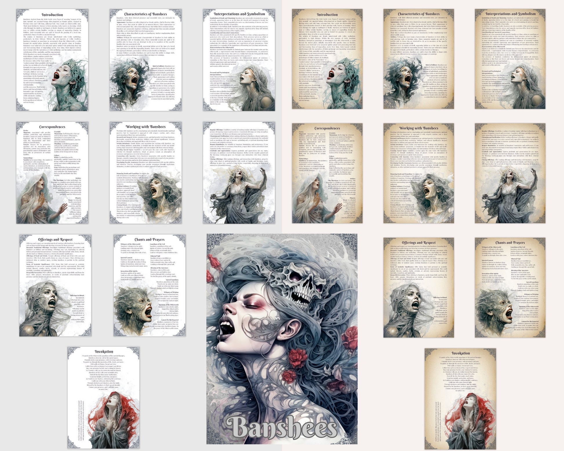 Banshee. “Woman of the fairies”. Beautiful pages for your Grimoire or Book of Shadows. Printable