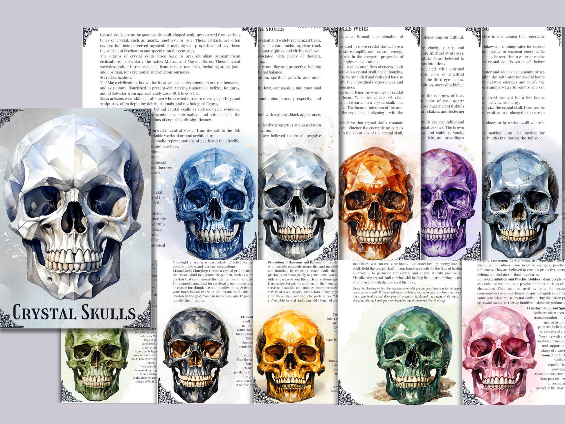 Crystal Skulls: How They Work And How To Use Them. Beautiful pages for your Grimoire or Book Of Shadows. Printable.