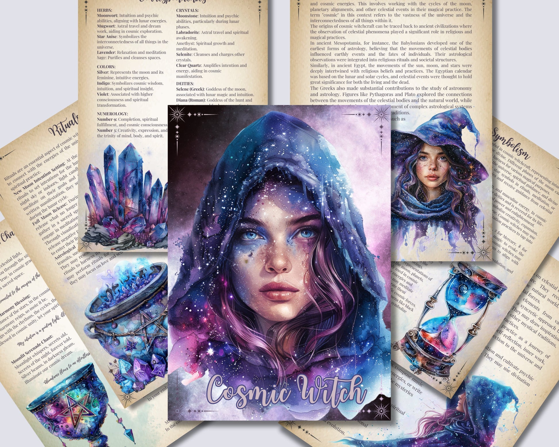 Cosmic Witch. Beautiful pages for your Grimoire or Book Of Shadows. Printable