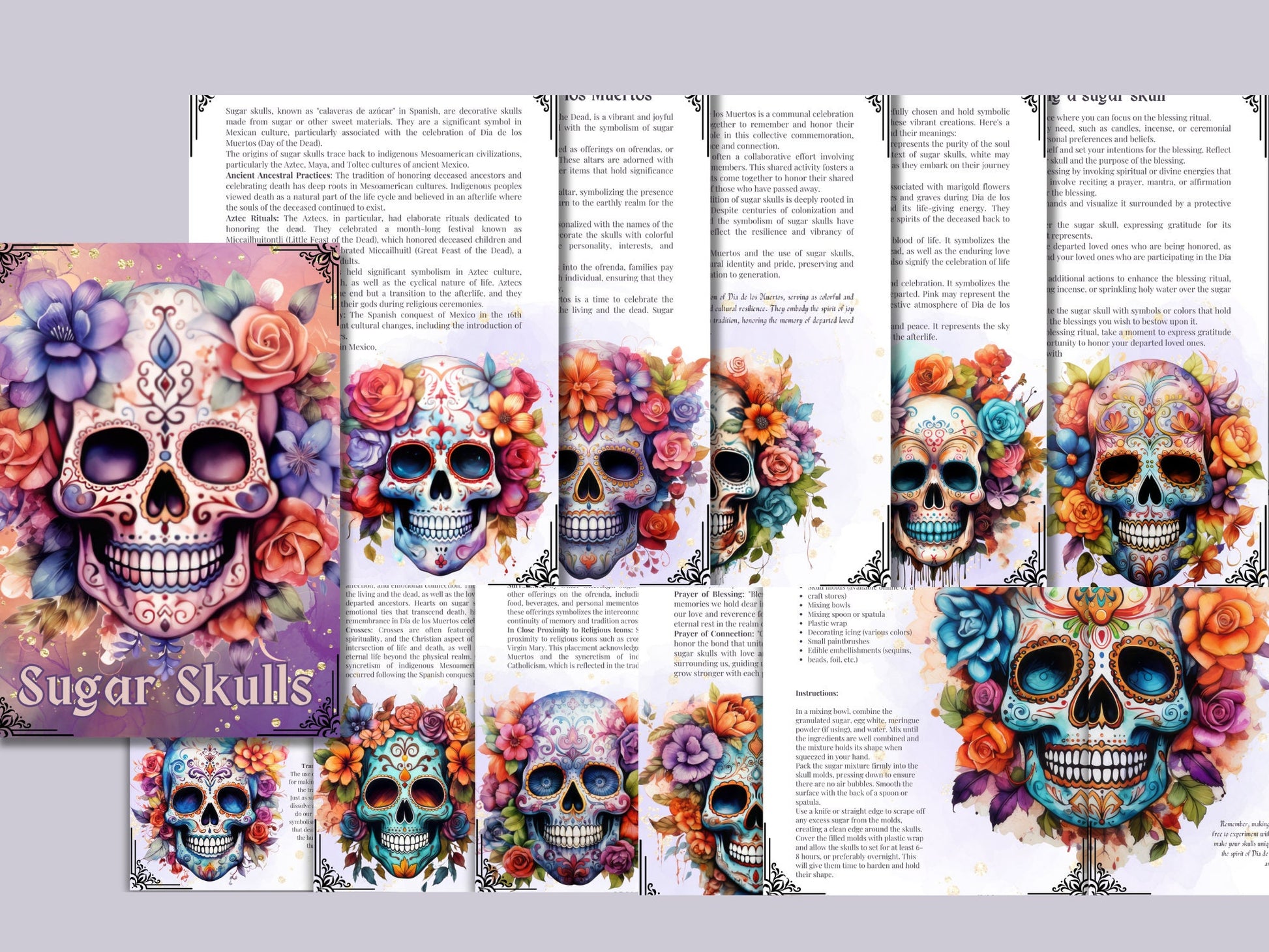 The Complete Guide to Sugar Skulls. Beautiful pages for your Grimoire or Book Of Shadows. Printable.